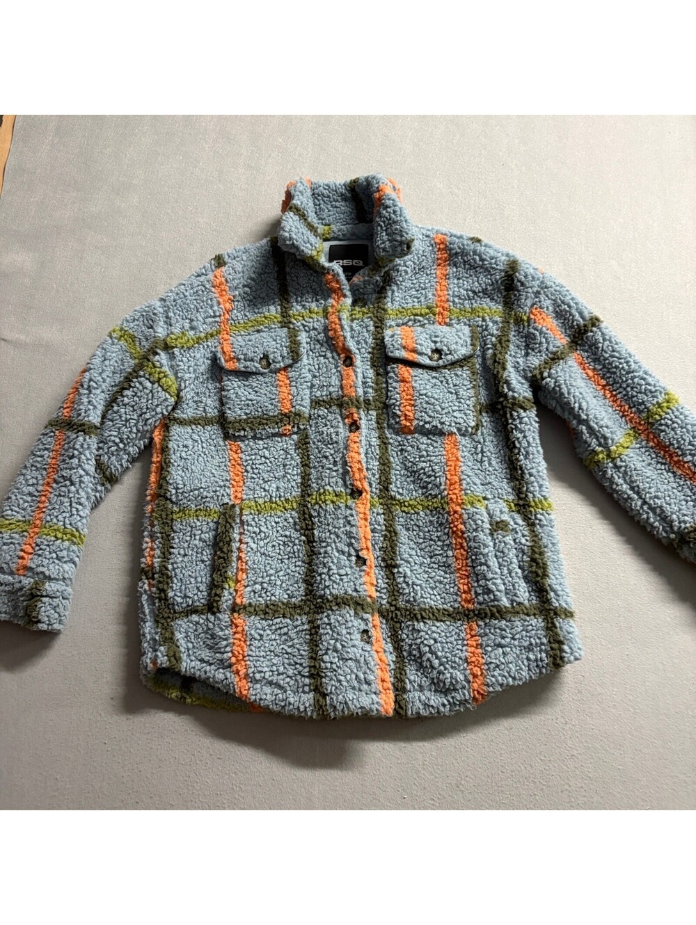 RSQ Sherpa Shacket Womens Large Blue Orange Plaid Fleece Button Up Jacket